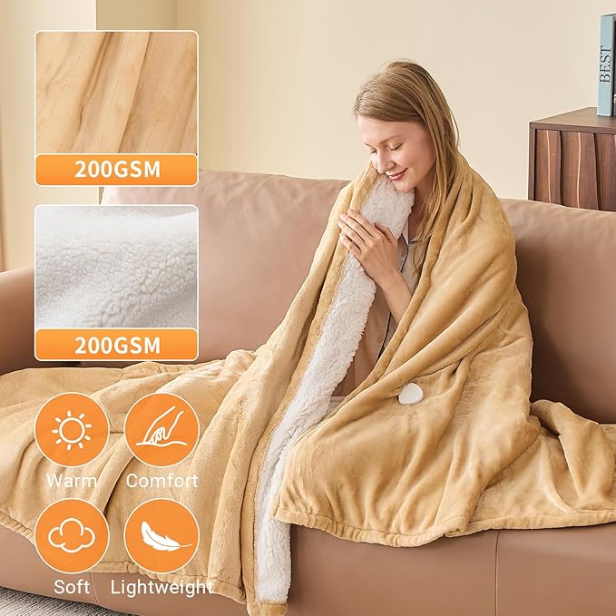 Electric Heated Blanket Twin Size 62''x84'' Soft Flannel & Sherpa Electric Blanket with 10 Heating Levels, Automatically Shut Down After 8h with Overheat Protection Machine Washable