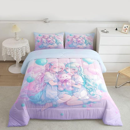 Erosebridal Anime Girl Kids Bedding | Girly Friendship Full Comforter Sets,Fantasy Dreamy Girls Comforter Romance Ballons Duvet Insert with 2 Pillow Cases