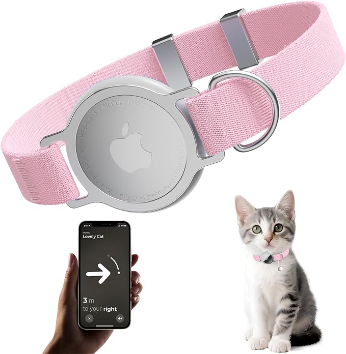 AirTag Cat Collar, Elastic Tracker Collar with Airtag Holder and Bell | Compatible with Apple Air Tag, Lightweight & Scratch Resistant, Adjustable Stepless GPS Pet Collar for Cats Kittens, Pink