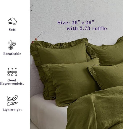 Simple&Opulence 100% Linen Euro Sham Covers with Ruffle, 26x26 Inch Pillow Covers Set of 2, Euro Pillow Shams for Bed Couch French Home Decor Luxury and Breathable Square Pillow Cases, Olive Green