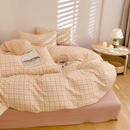 Vintage Pink Plaid Duvet Cover Queen 100% Cotton Muslin Gingham Duvet Cover Pink Green Plaid Checkered Grid Bedding Set Linen Like Gauze Comforter Cover Soft Breathable Gingham Bedding Set Queen