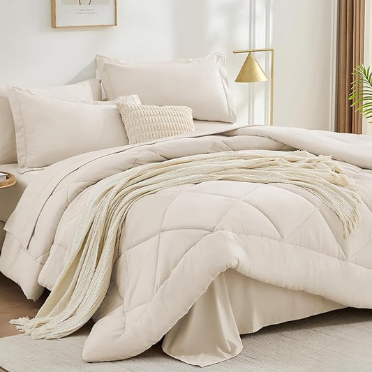 FUANNA 7 Pieces Full Size Comforter Sets, All Season Bedding Sets Full Size, Luxury Soft Bed in a Bag with Comforter, Flat Sheet, Fitted Sheet, Pillowcases & Pillow Shams, Beige