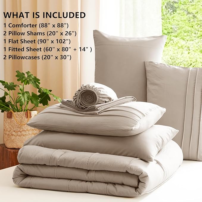 CozyLux Queen Comforter Set Wheat, 7 Pieces Soft Pinch Pleat Bed in a Bag Queen Comforter Set with Sheets, Boho Bed Set with Down Alternative Comforter, Sheets, Pillowcases & Shams