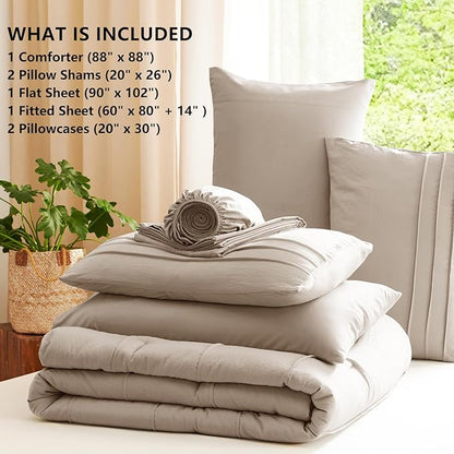 CozyLux Queen Comforter Set Wheat, 7 Pieces Soft Pinch Pleat Bed in a Bag Queen Comforter Set with Sheets, Boho Bed Set with Down Alternative Comforter, Sheets, Pillowcases & Shams