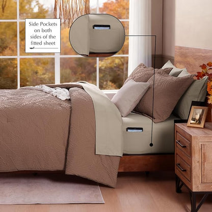 Geniospin King Size Comforter Set - 7 Pieces Brown Textured King Bedding Sets with Comforter, Sheets, Pillowcases & Shams, All Season Brown Bedding