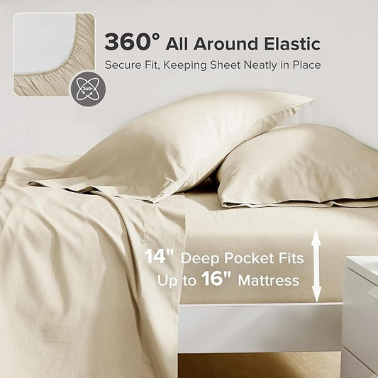 Comfort Spaces 100% Cotton Sheets Cal King, Breathable & Soft Cotton Sheets, Naturally Cool Cotton Bed Sheets with 14" Elastic Pocket Fits up to 16" Mattress, All Seasons Sheet Set, Cream 4 Piece