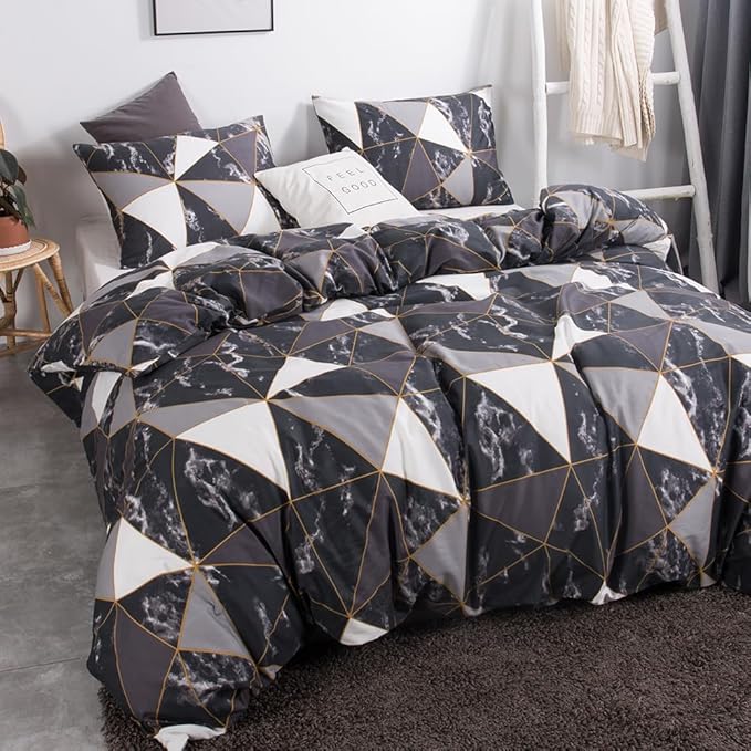 CLOTHKNOW Black White Marble Comforter Set Full Size 3Pcs Triangle Bedding Sets Geometric Comforter with 2 x Pillow Cases