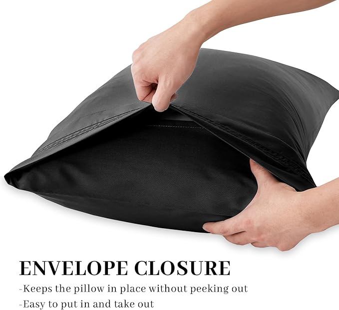 YIYEA King Pillow Cases Set of 4, Ultra Soft 1800TC Hotel Quality Double Brushed Microfiber Embroidered Pillowcases, Envelope Closure, Fade Resistant (20"x36", Black)