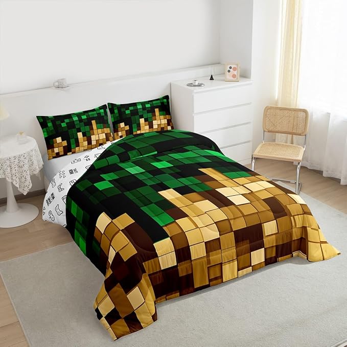 Pixelated Miners Blocks Kids Bedding Set Queen Size,Patchwork Square Video Games Comforter Set,Geometric Patchwork Grid Quilt Comforter,Green Yellow Bedroom Duvet Insert,2 Pillowcases