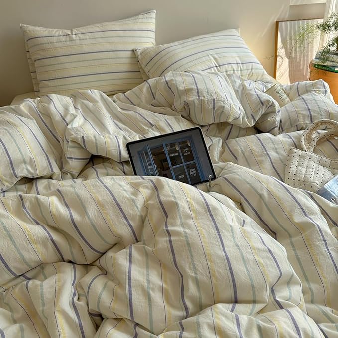 EAVD Retro Striped Duvet Cover Set King Size 100% Cotton Chic Stripes Printed Bedding Set with 2 Pillowcases Vintage Geometric Pattern Duvet Cover with Zipper Closure(Yellow&Purple&Blue, King)