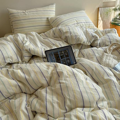 EAVD Retro Striped Duvet Cover Set King Size 100% Cotton Chic Stripes Printed Bedding Set with 2 Pillowcases Vintage Geometric Pattern Duvet Cover with Zipper Closure(Yellow&Purple&Blue, King)