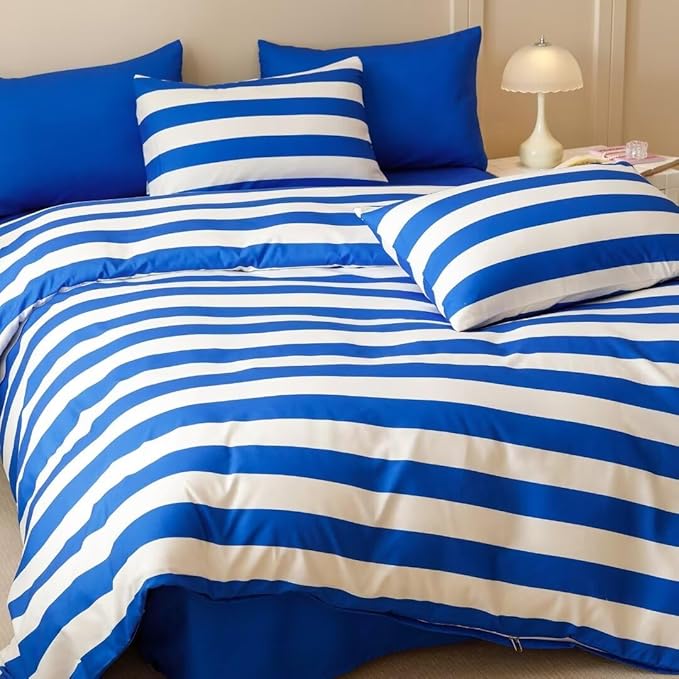 CLOTHKNOW Striped Full Size Comforter Set 3Pcs Blue White Bedding Comforter Sets Farmhouse Bedding Soft Comforter with 2 x Pillow Cases