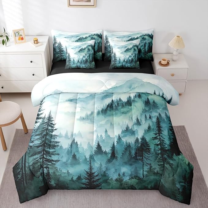 Erosebridal Green Teal Misty Forest King Comforter Set with Sheets 7 Piece Mountain Foggy Woodland Bed in A Bag Rustic Pine Tree Bedding Sets for Kids Adults,Watercolor Nature Theme Bed Set