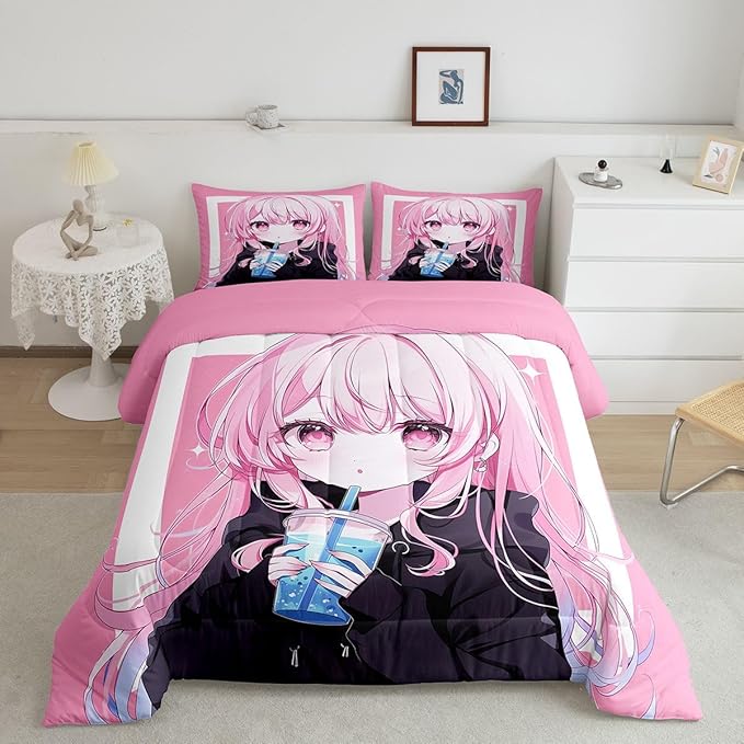 Erosebridal 3D Japanese Kids Comforter Set | Anime Girl Drinking Milk Tea Bedding Queen Size Cute Kawaii Girly Down Comforter Modern Fashion Aesthetic Duvet Set for Bedroom