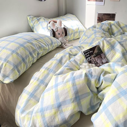 EAVD Buffalo Plaid Duvet Cover King Soft Washed Cotton Bedding Set Yellow Blue Grid Checkered Bedding Set with 2 Pillowcases Vintage Style Gingham Duvet Cover with Zipper Closure