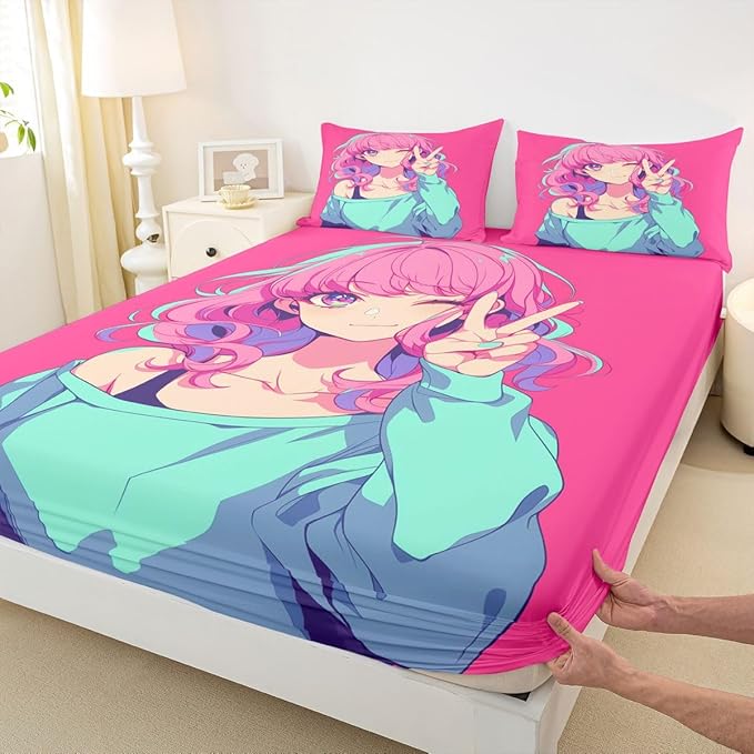 Japanese Anime Bedding Set 3D Anime Girl Fitted Sheet, Kawaii Japanese Style Bed Sheets Cartoon Uniform Girl Sheets Hot Pink Room Decor, Queen 3Pcs, 1 Fitted Sheet 2 Pillowcases (No Top Sheet)