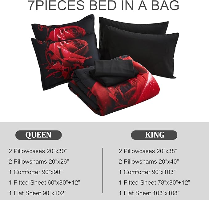 Red Comforter Set King 7 Piece Bed in a Bag Red Rose Flower Comforter with Sheet Set Soft Micorfiber Reversible Bedding Set (1 Comforter,2 Pillow Shams,1 Flat Sheet,1 Fitted Sheet,2 Pillowcases)