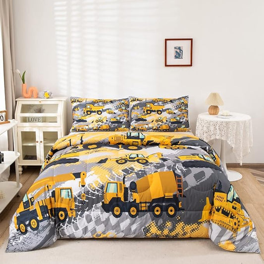 Feelyou Boys Construction Bedding Set Full Size Comforter for Kids Tractor Trucks Comforter Set Toddler Room Decor Car Bed Cartoon Excavator Quilted with 2 Pillow Cases