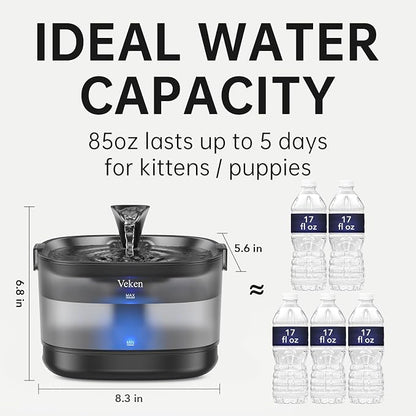Veken 85oz/2.5L Cat Water Fountain with Detachable Tank & Secure Clips | Easy to Clean & Assemble, Quiet Operation & LED Light, Pet Drinking Dispenser, Gifts, Cats, Dogs and Small Pets, Black