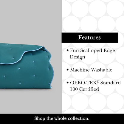 kate spade new york Scalloped Edge 3-Piece Full/Queen Quilt Bedding Set, 100% Cotton Voile Reversible Cover, All Season Bedding, Machine Washable, Blue Spruce