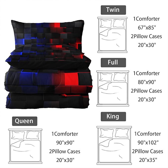Red and Blue Checkered Comforter Set King Honeycomb Bedding Sets 3PCS for Kids Teen Adult Boy Room Decor Ultra-Soft Lightweight Microfiber 1 Comforter with 2 Pillowcases