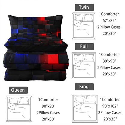 Red and Blue Checkered Comforter Set King Honeycomb Bedding Sets 3PCS for Kids Teen Adult Boy Room Decor Ultra-Soft Lightweight Microfiber 1 Comforter with 2 Pillowcases