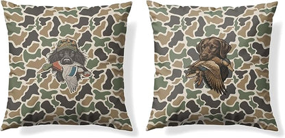 Vintage Camo Labrador Retriever Mallard Duck Throw Pillow Covers 18x18 Set of 2, Dog Hunting Pillowcase, Camouflage Farm Animal Decorative Pillow Covers,Camouflage Wild Animal Decor