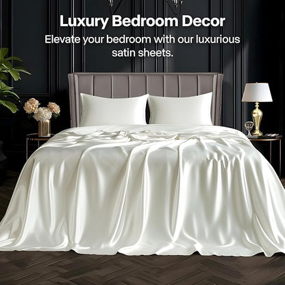 BEDELITE Satin Sheets Queen Size Bed Set, Luxury Soft Ivory White Silky Sheets for Hair and Skin, Similar to Silk Bed Sheets Set 4 Pieces （1 Deep Pocket Fitted Sheet, 1 Flat Sheet, and 2 Pillowcases）