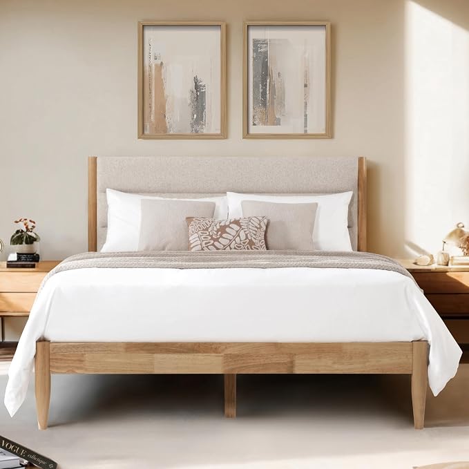 KISLOT Wood Bed Frame with Upholstered Headboard, Oat, Full | Wooden Platform, Silent Slat Support, Mattress Foundation, No Box Spring Needed, Easy Assembly