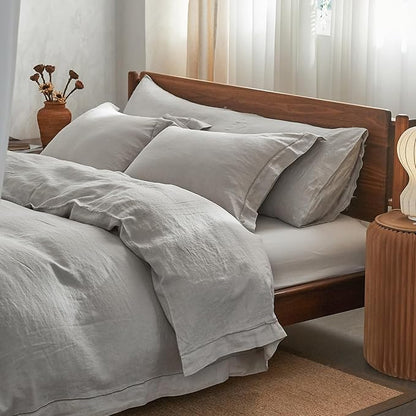 Simple&Opulence 100% Washed Linen Duvet Cover with Embroidered,3 Pieces Soft Farmhouse Comforter Set with Button Closure,1 Duvet Cover and 2 Pillowshams(Queen,Light Grey)