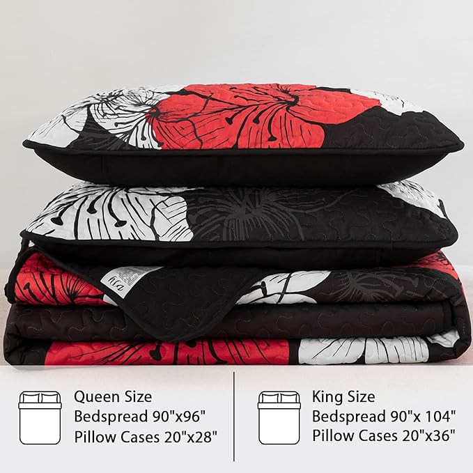 DJY 3 Pieces Quilt Set Queen Red Floral Pattern Quilt Coverlet Set Elegant Boho Bedspread with 2 Pillow Shams Lightweight Microfiber Bedding Quilt Set for All Season (Black, 90"x96")