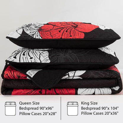 DJY 3 Pieces Quilt Set Queen Red Floral Pattern Quilt Coverlet Set Elegant Boho Bedspread with 2 Pillow Shams Lightweight Microfiber Bedding Quilt Set for All Season (Black, 90"x96")