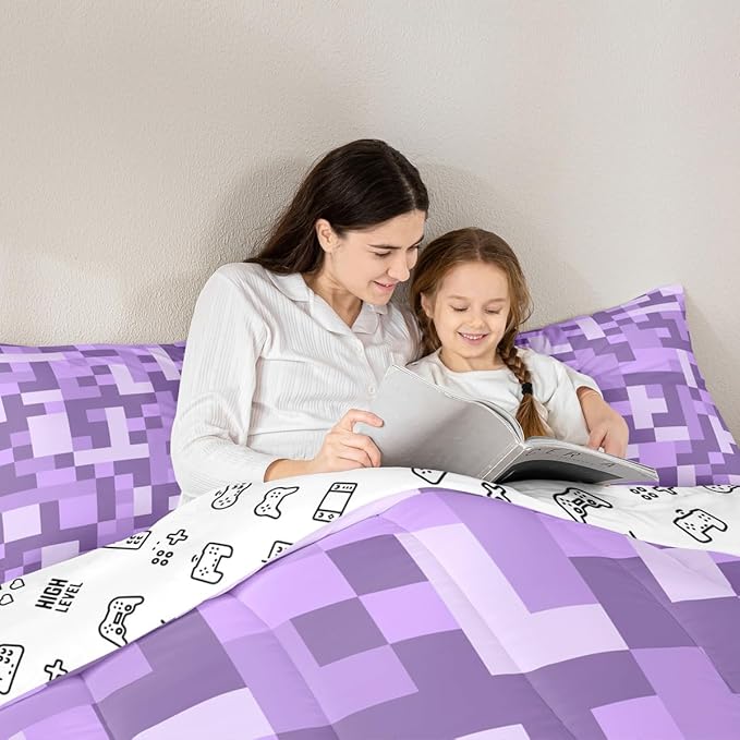Pixel Grid Miners Comforter Set King Size,Video Games Plaid Lattice Kids Bedding Set,Geometric Check Quilt Comforter,Light Purple Duvet Insert,2 Pillowcases