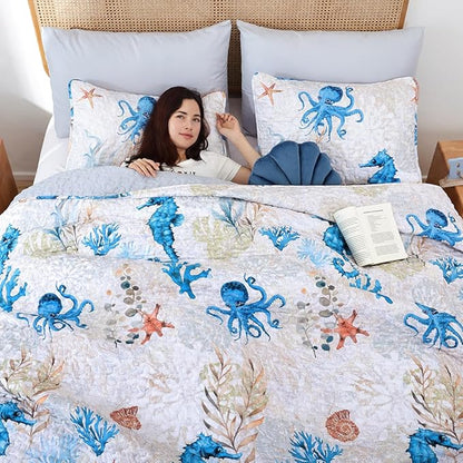 weigelia Coastal Quilts Bedding Set Queen Size - Summer Nautical Bedding Quilt with Pillow Cases, Beach Reversible Quilt Set Ocean Blue Seahorse Bedspreads Coverlet Soft Lightweight Comforter
