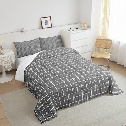Grey Plaid Comforter Set Buffalo Check Plaid Bedding Set Classic Gingham Pattern Bedding Home Decor Modern Simple Style Comforter King Size Quilted Duvet Set 1 Comforter with 2 Pillowcase