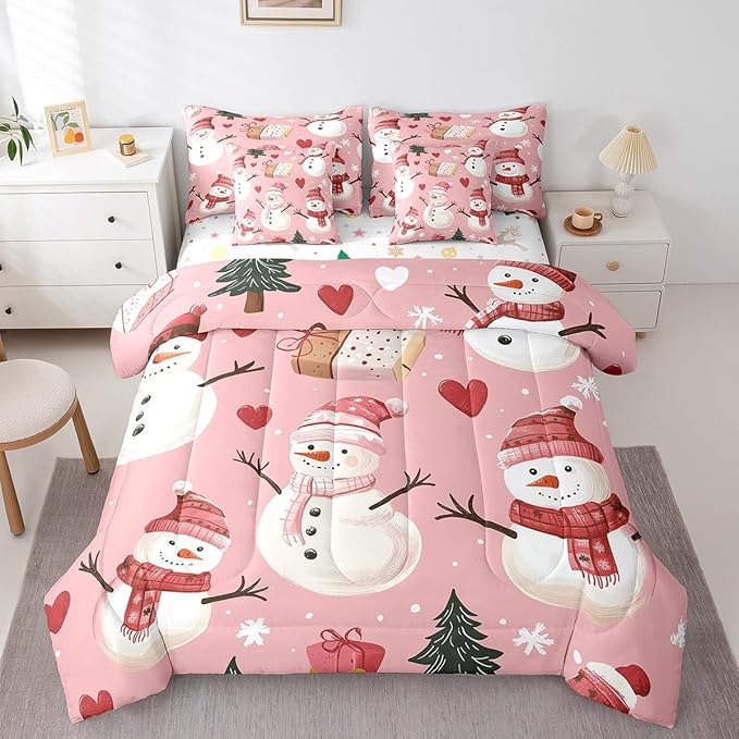 Cute Snowman Queen Comforter Set with Sheets Bed in a Bag, 7 Pcs, Christmas Trees Gifts, Red Hearts Winter Snow Bedding Sets, Flat, Fitted Sheet, Pillowcases, Pillow Covers