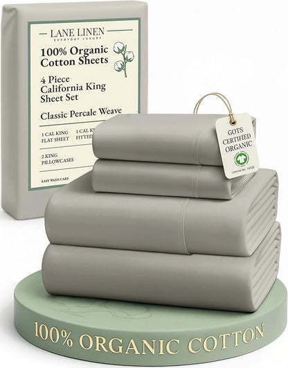 LANE LINEN 100% Organic Cotton California King Sheets Set, Fully Elasticized Reinforsed Seams in Fitted Pocket, Machine Washable Naturally Cooling All Season Cal King Sheet- Silver