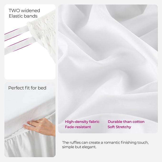 RIMELA White Bed Skirt King Size 18 Inch Drop, Elastic Bed Skirting for Bed Base and Frame, Bedding Dust Ruffle Easy to Install, Lightweight Wrap Around Adjustable Bedskirt