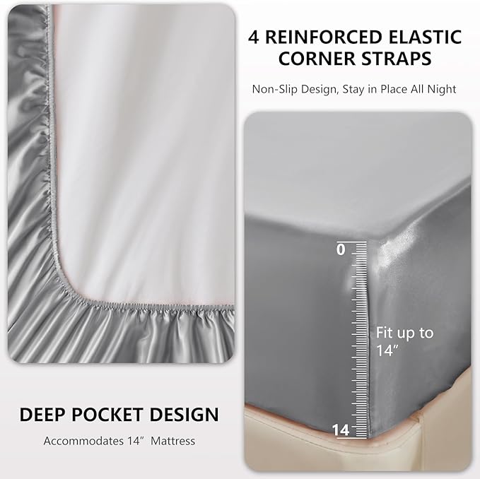 CozyLux Satin Sheets Queen Size Bed Set - 6 Piece Silky Queen Sheet Set, Luxury Light Grey Queen Sheets with Smooth and Soft Microfiber, Includes 1 Fitted Sheet, 1 Flat Sheet and 4 Pillowcases