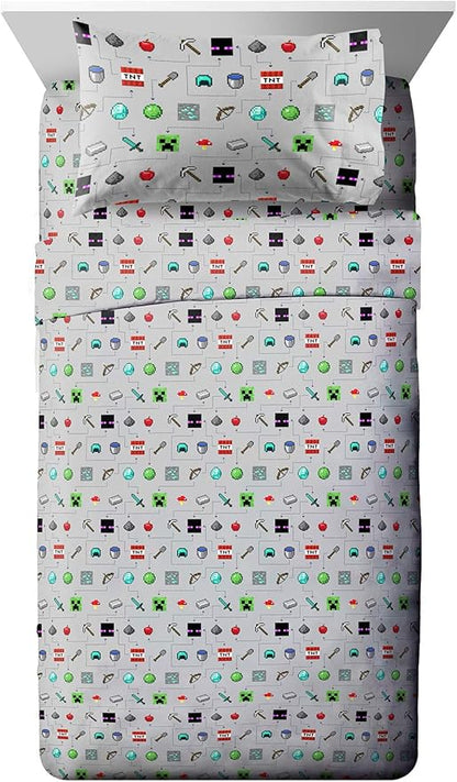 Jay Franco Kids Sheet Set with Fitted, Flat Sheets & Pillow Cover - Ultra-Soft Bedding with Pillowcase for Room Decor, Gray - Minecraft, 3 Piece Twin