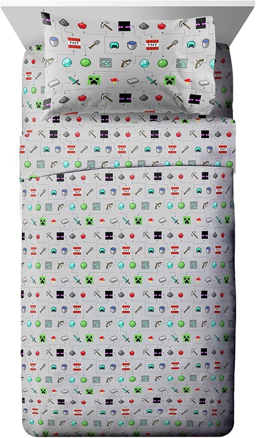 Jay Franco Kids Sheet Set with Fitted, Flat Sheets & Pillow Cover - Ultra-Soft Bedding with Pillowcase for Room Decor, Gray - Minecraft, 3 Piece Twin