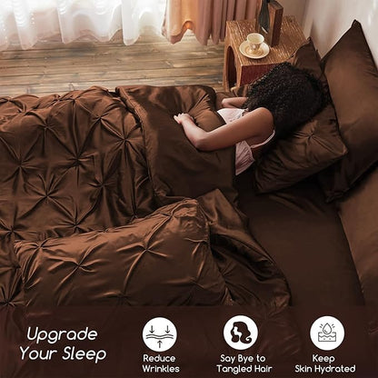 MR&HM Satin Comforter Full 7 Pieces - Luxurious Pinch Pleat Bedding Set with Comforter, Flat Sheet, Fitted Sheet, Pillowcases & Shams, Super Silky Soft Bed Set for All Season (Full, Brown)