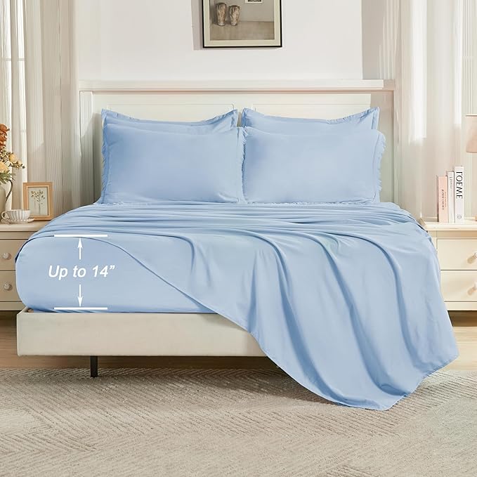 Andency King Size Comforter Set with Sheets Light Blue - 7 Pieces Bed in a Bag Boho Soft Lightweight Bedding Sets, Tassel Bed Set with Comforter, Sheets, Pillowcases & Shams