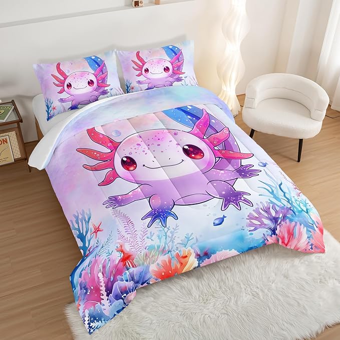 Cute Axolotl Bedding Set Full Size,Pink Axolotl Waterweed Pattern Toddler Bed Comforter Set,Kawaii Sea Life Bedding Sets for Kids Boys Girls Room Decoration with 2 Pillowcases.