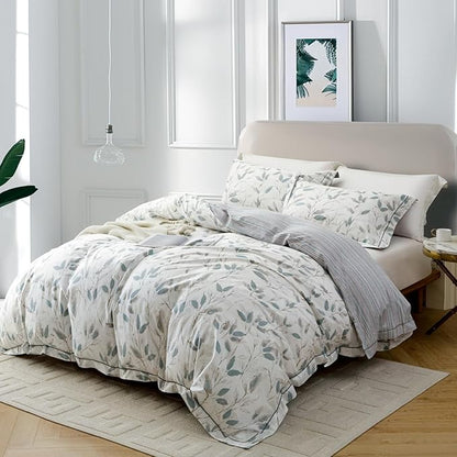OAITE Duvet Cover Set Queen Size Floral Pattern 500 Thread Count Ultra Soft 100% Cotton Duvet Cover Sets 3-PC, Breathable Duvet Cover with Zipper Closure & Corner Ties