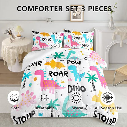 Axolotl Girls Bedding Cartoon Dinosaur Comforter Set Queen Size,Cute Dinosaur Bedding Set for Girls Teens Kids Boys Adults Room Decor,Kids Comforter Set All Season,1 Quilt 2 Pillow Cases,White