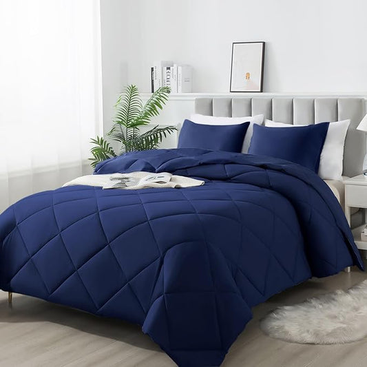 3-Piece Queen Comforter Set,All-Season,Soft & Hypoallergenic &Breathable Bedding,Polyester Quilted,Down Alternative(Comforter*1 & Pillowcases*2),Dark Blue