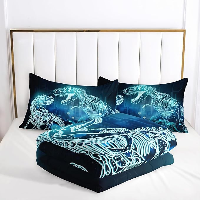 Dinosaur Comforter Set for Teens Boys Girls,Dino Eyes 3 Pieces Bedding Set King,Dark Blue Lightweight Down Alternative Bedding Sets for All Season