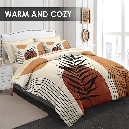 Comforter Set Queen Size, Boho Mid Century 7 Pcs Bedding for Kids and Adults, Sun Orange Leaves Bed Sheet Sets with Fitted Sheet 2 Pillowcase & 2 Sham for Bedroom Bed Decor