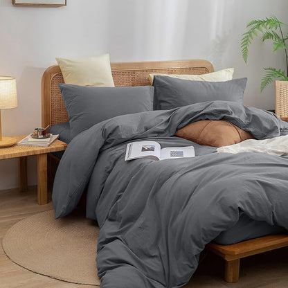 BESTOUCH Duvet Cover Set 100% Washed Cotton Linen Feel Super Soft Comfortable Chic Lightweight 3 PCs Home Bedding Set Solid Quiet Shade Grey Super King